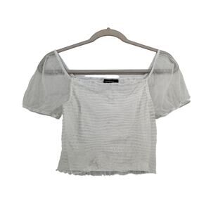 Ambiance Off Shoulder Cropped Top S White Smocked Sheer Sleeve Ruffle Hem Staple